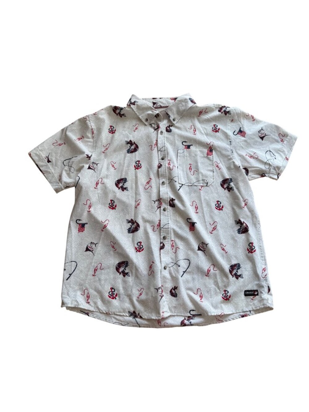 Canada Weather Gear Men's Button Front Shirt XL White Allover Fishing Print
